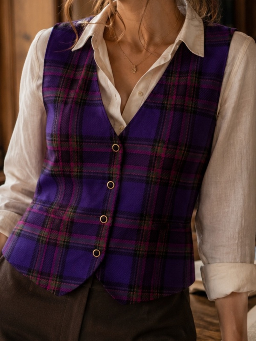 Pendleton Purple Plaid Wool Vest with Gold Buttons